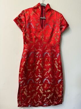 Asian Chinese Style Satin Jacquard Dress Red Gold Dragonfly Keyhole Sheath Slit